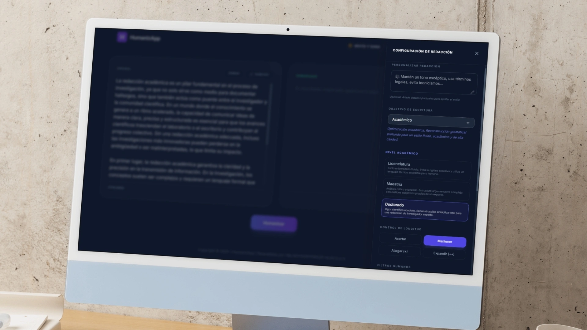 Panel de configuración de HumanizApp para reescribir texto y parafrasear textos seleccionando niveles académicos como Licenciatura, Maestría y Doctorado.