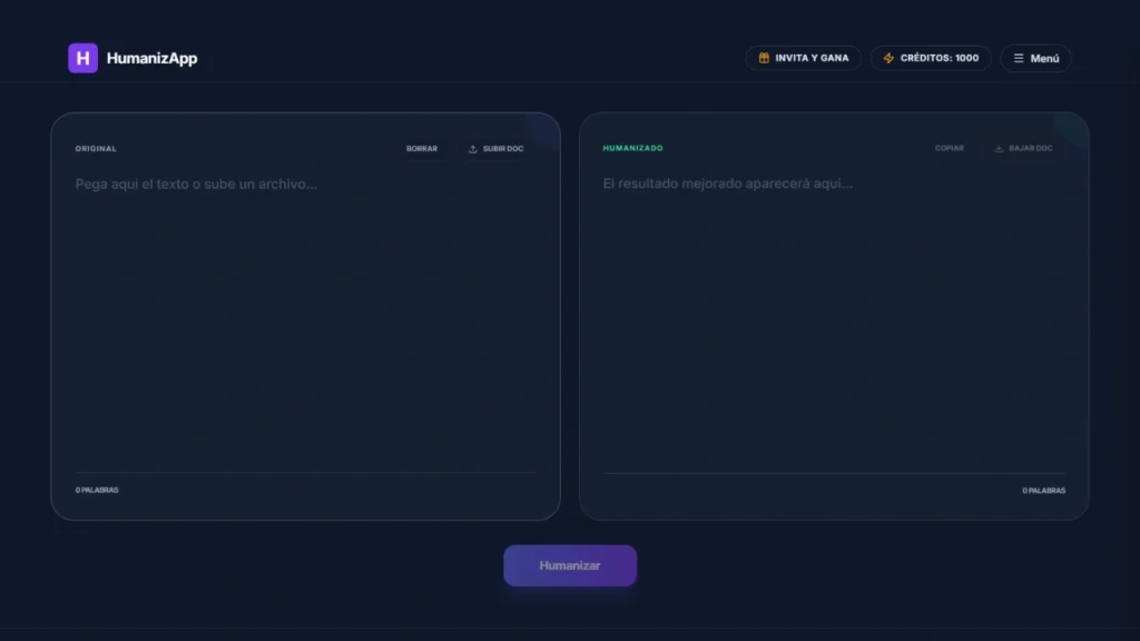 Panel principal de HumanizApp diseñado para parafrasear textos y reescribir texto académico mediante inteligencia artificial.